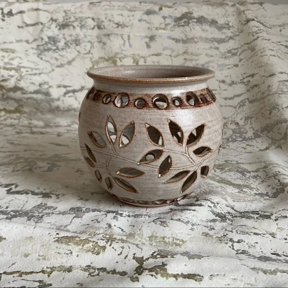 Vintage Hand glazed Pottery Signed Floral Cutout